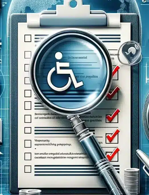 A clipboard with a magnifying glass and a wheelchair.